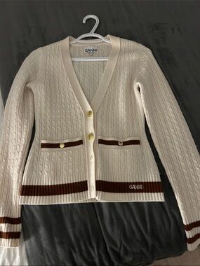 Ganni Cream Cable-Knit Cardigan with Brown Trim and Gold Buttons